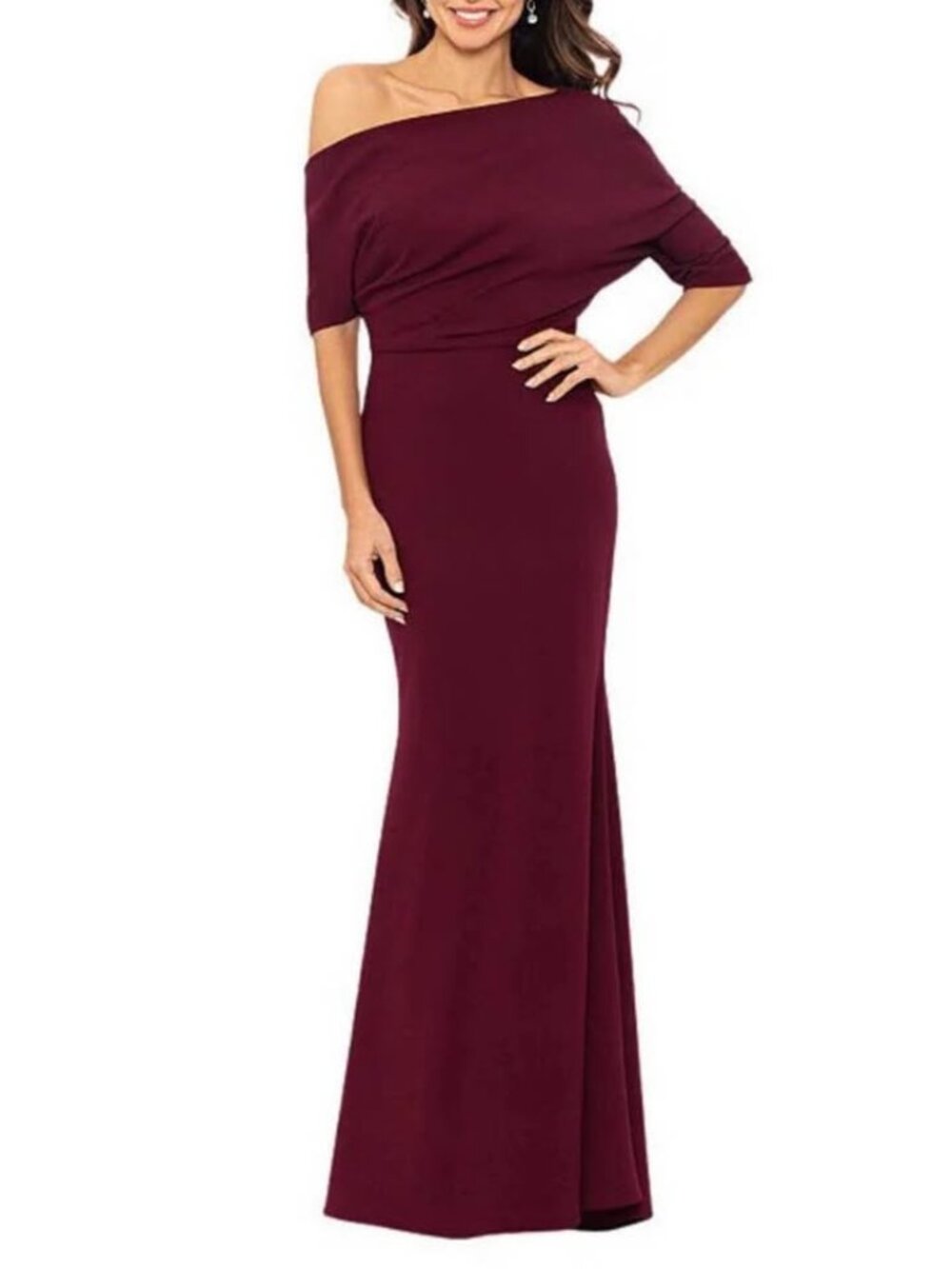 Betsy & Adam Scuba Crepe Asymmetric One Shoulder Elbow Sleeve Mermaid Gown 14W